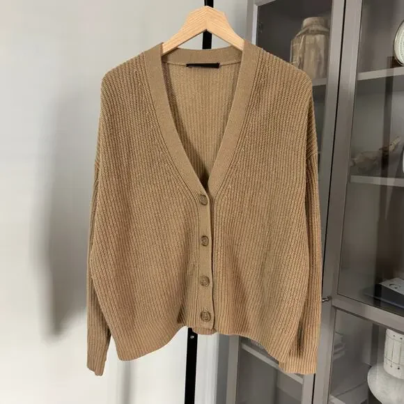 Jenni Kayne Oversized Brown Cropped Cocoon Cardigan V-Neck Rib-Knit Sweater M
